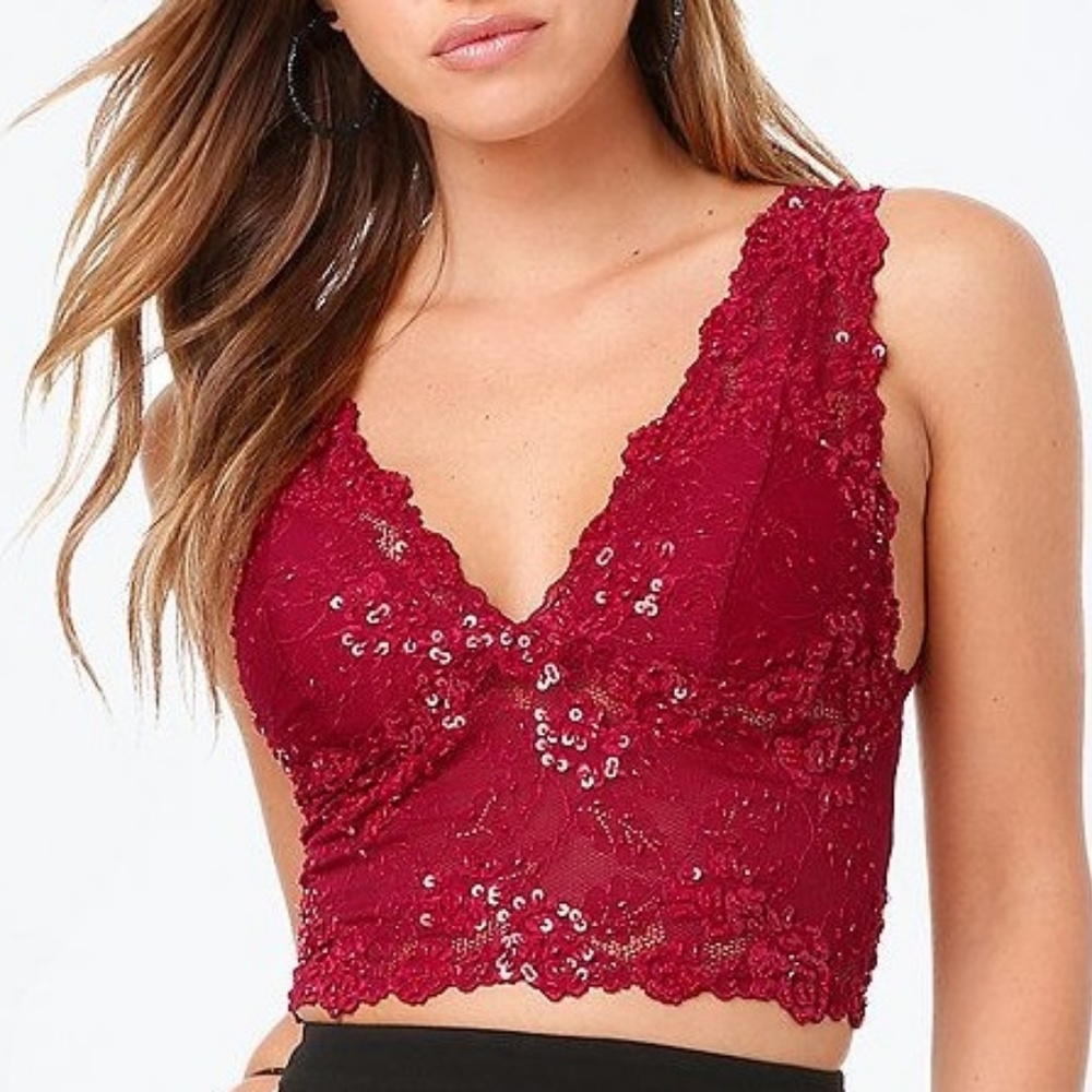 Dark red lace crop top